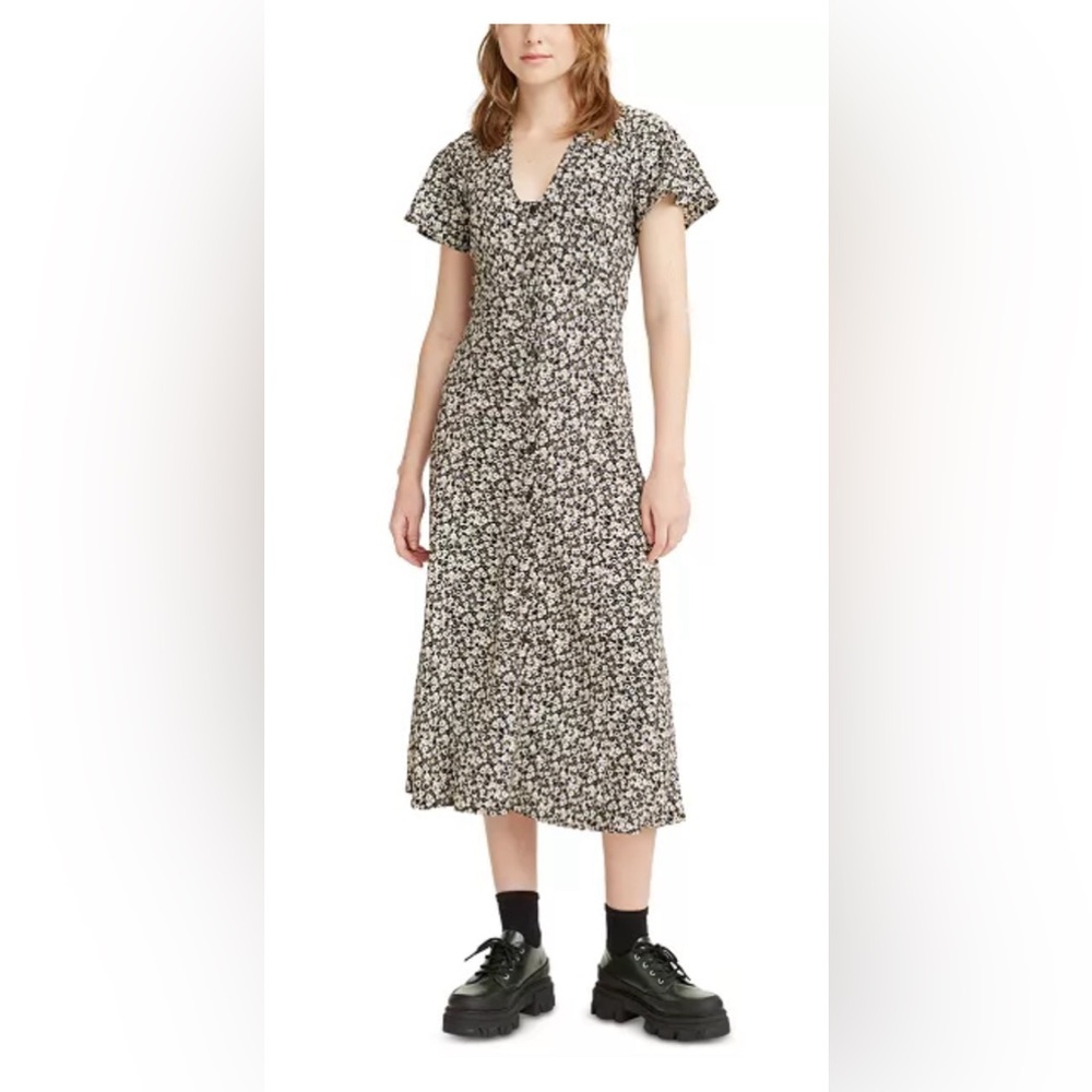 Levi’s Melody Floral Midi Dress XS Black White Floral Button Front Like New